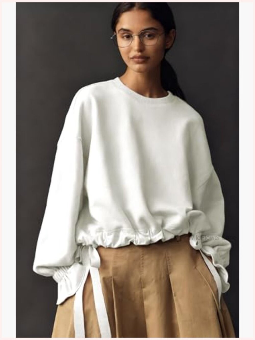 Oversized Crewneck Sweatshirt with Drawstring Hem Ruffle Cuff Pullover Blouse - Picture 3 of 6
